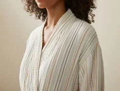New Coyuchi Women's Matelassé Organic Robe Undyed w/Warm Stripe