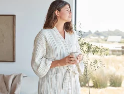 New Coyuchi Women's Matelassé Organic Robe Undyed w/Warm Stripe